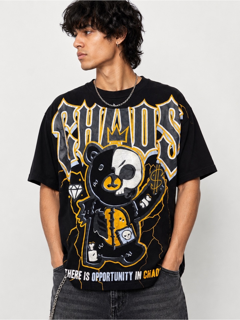 Southpole Chaos Graphic Bear Skull T-Shirt Black Yellow Y2K Streetwear Size L